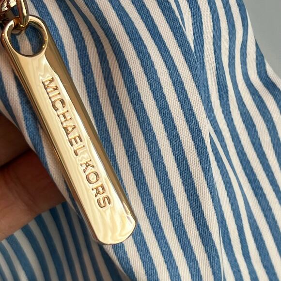 MICHAEL Michael Kors Blueberry Pinstripe Logo Gold Belted Minidress Size S NWT - Picture 7 of 12